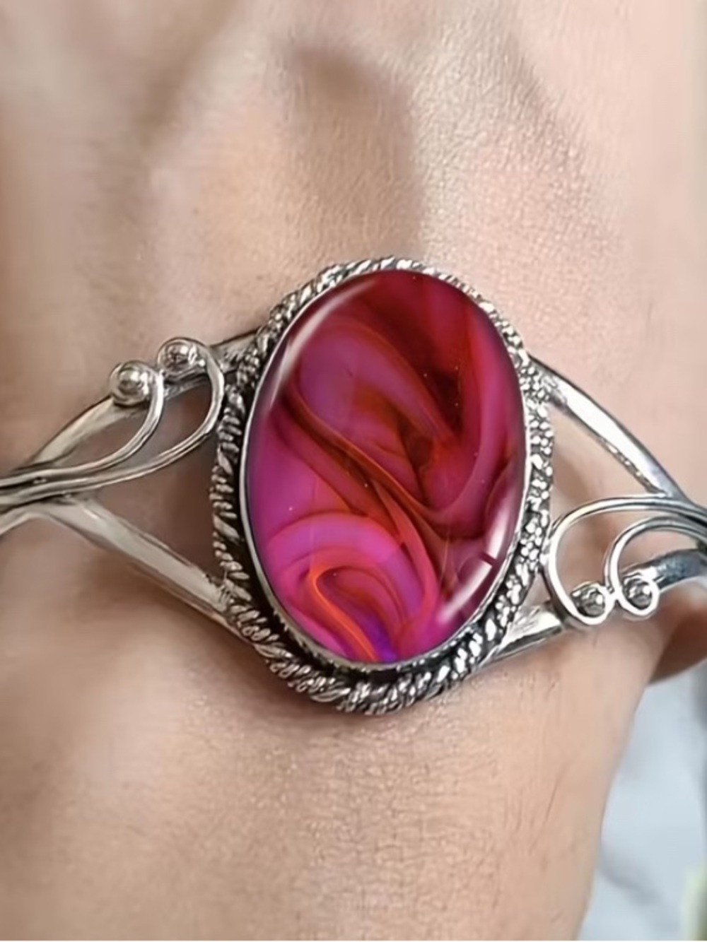 Silvertone Cuff Bracelet with Pink Glass Stone
